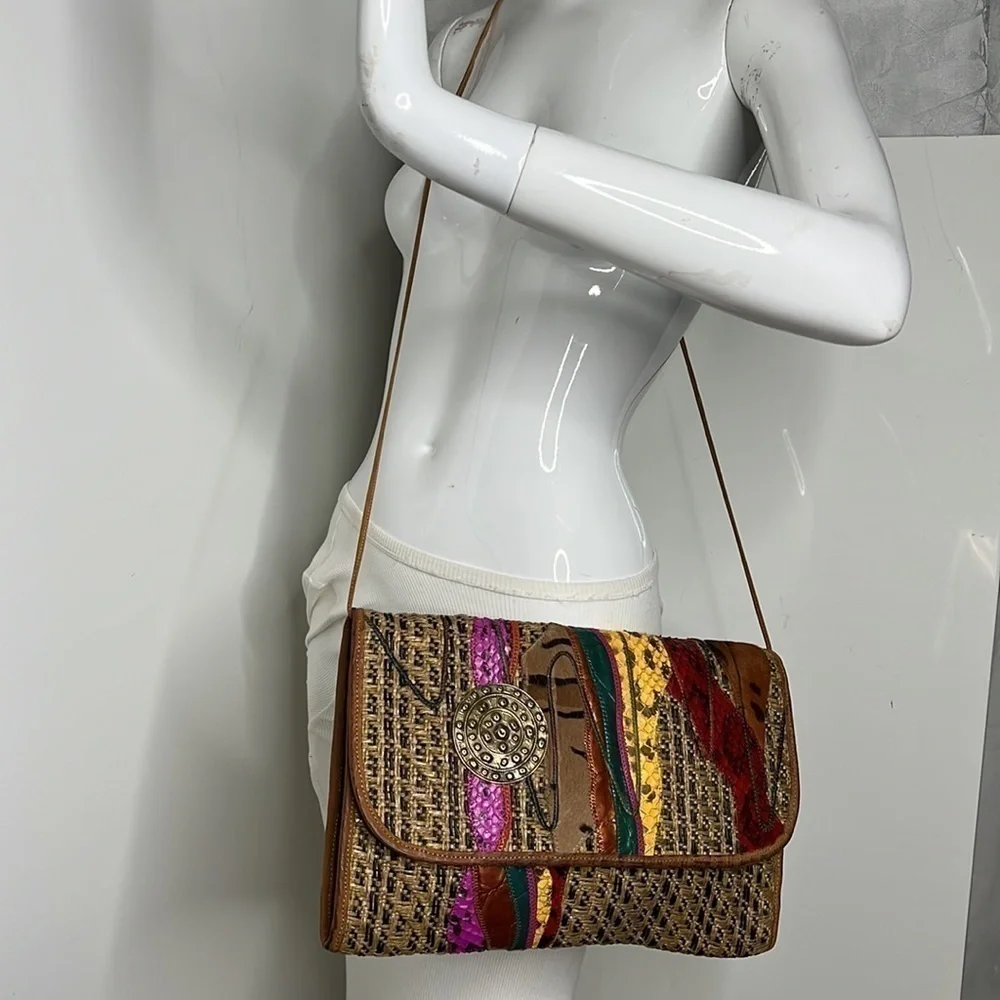 Carlos Falchi Woven Leather and Hemp and Exotic Patchwork of Skins Clutch Bag